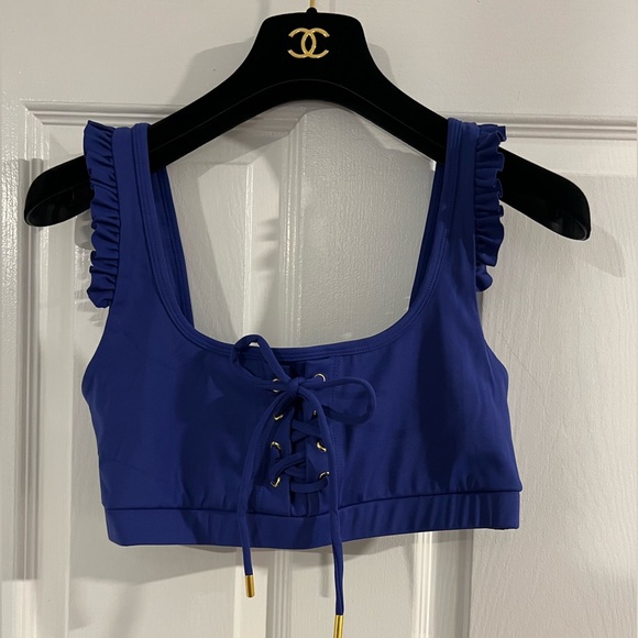 Gorgeous Blue CELESTINE Lace-Up Ruffle Sports Bra Size M crop lace up EUC - Picture 2 of 7